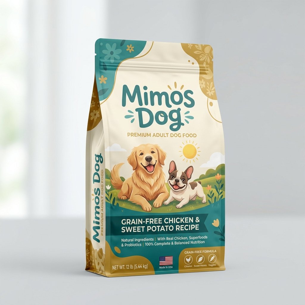 Manipulação de imagem e renderização de mockup 3D para ração Mimos Dog