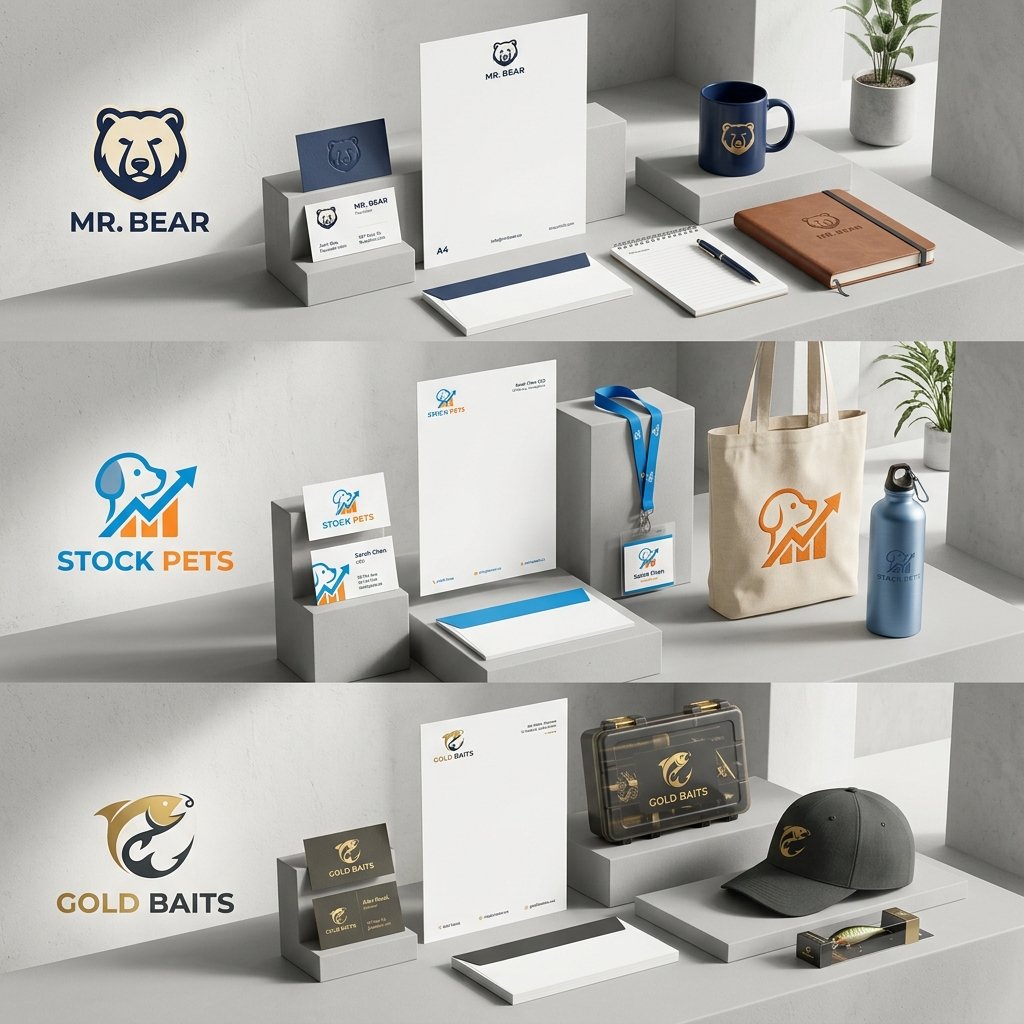 Criação de logotipos e sistemas de identidade visual para Mr. Bear, Stock Pets e Gold Baits